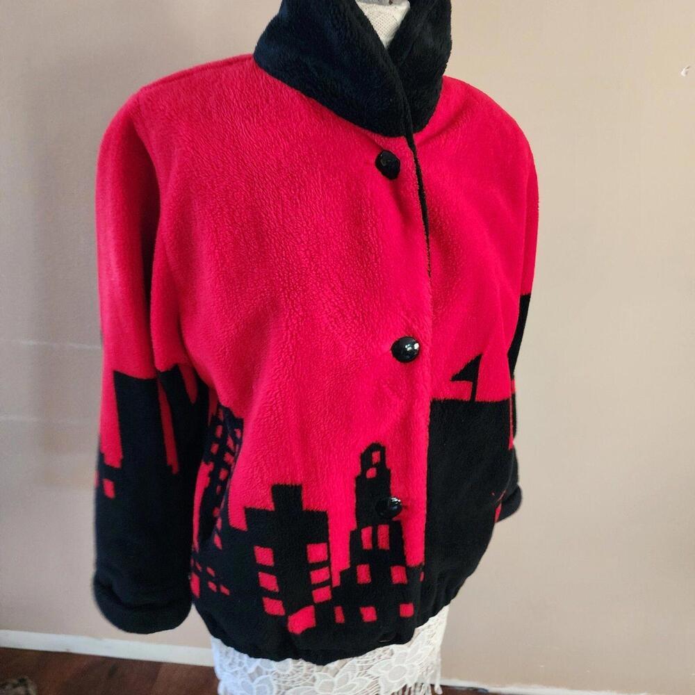 EUC red black nordic lights faux fur soft jacket so fun and cozy Small S